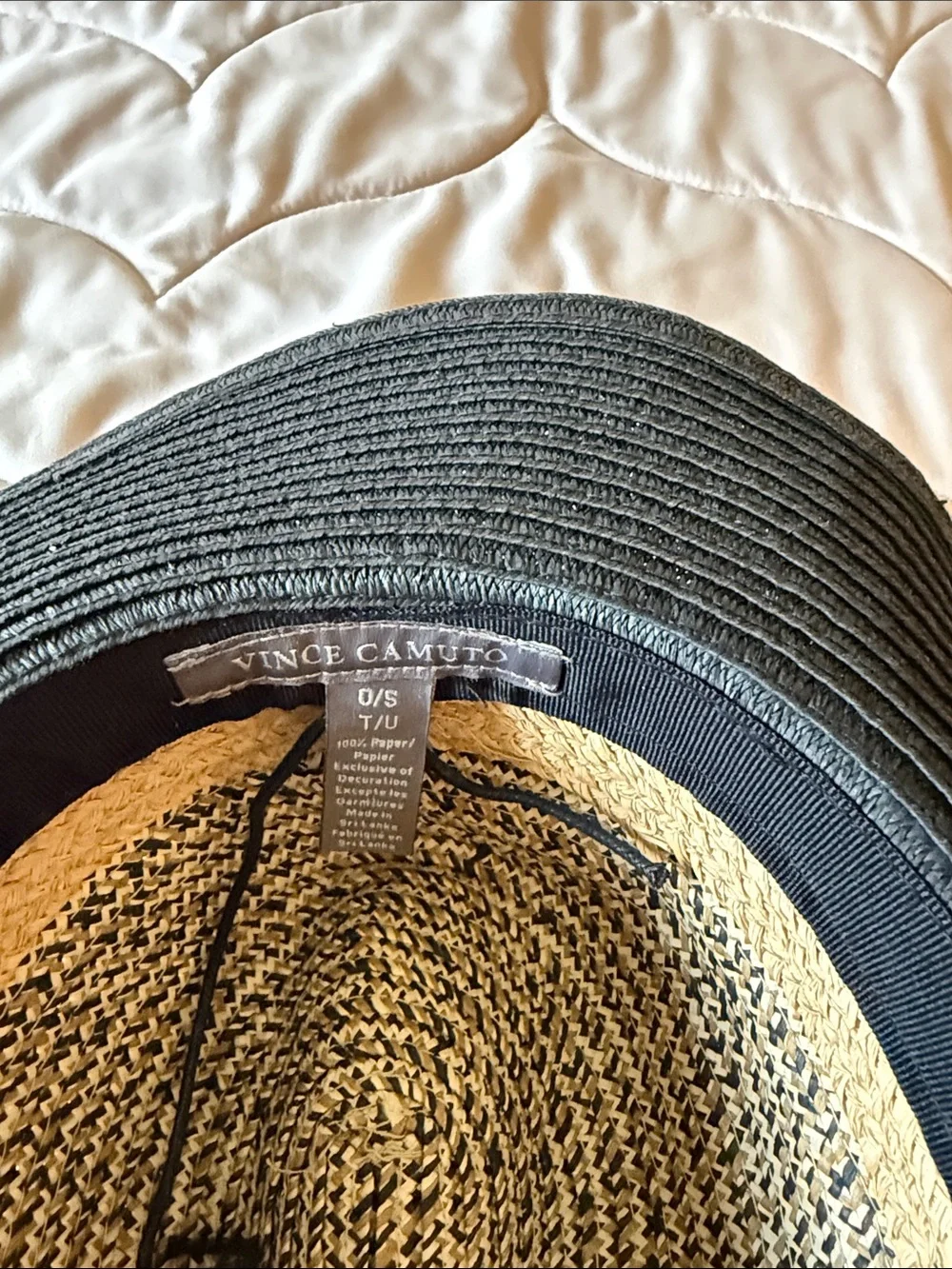 Vince Camuto Adjustable Black and Natural Straw-like Fabric Wide-Brim Fedora